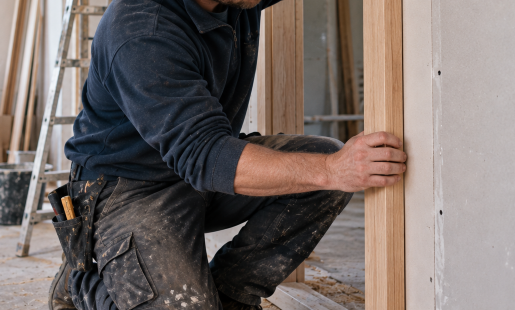 KI-generiertes Symbolbild: Tischler arbeitet an einem Holzrahmen in einem Trockenbau-Innenraum